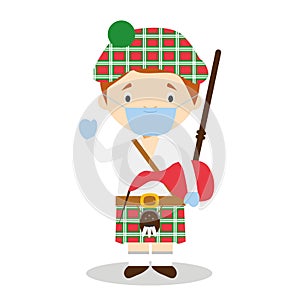Character from Scotland dressed in the traditional way with kilt and bagpipes and with surgical mask and latex gloves