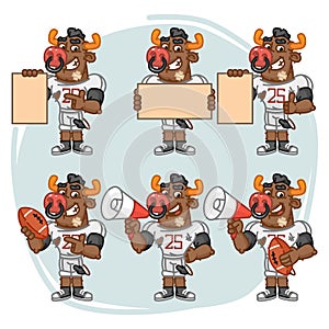 Character Set Bull Football Player Holds Megaphone Ball Paper