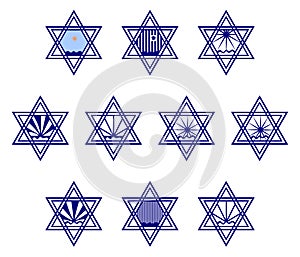 Character set containing symbols hexagram on the surface of the water and the sun