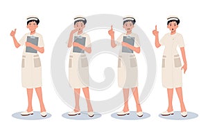 character set of Female nurse in Different poses and emotions. Vector cartoon illustration