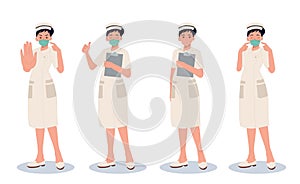 character set of Female nurse in Different poses and emotions. Vector cartoon illustration