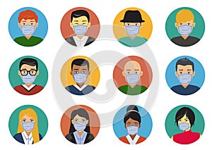 Character set, people wearing face masks, Avatar icons in flat design