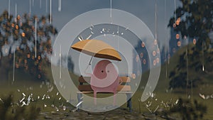 Character sits at bench in park during rainy season 3D rendering