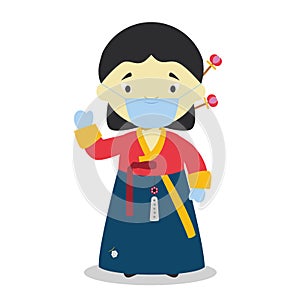 Character from South Korea dressed in the traditional way with hanbok and with surgical mask and latex gloves