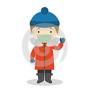 Character from South Pole, Arctic or Antarctica dressed in the traditional way and with surgical mask and latex gloves