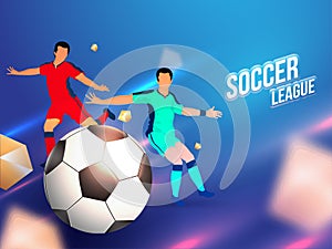 Character of two Footballer kick the ball on abstract shiny blue background for Soccer.