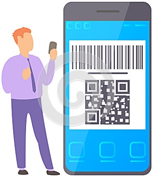 Character using mobile phone with barcode for online payment. Person scanning qr code from screen