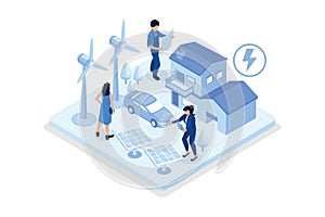 Character using smart grid technology to control his smart house with wind electricity generators, solar panels and electric car.