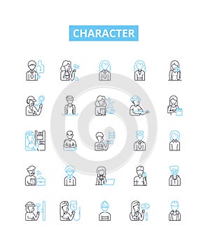 Character vector line icons set. Personality, behaviour, trait, integrity, reputation, disposition, nature illustration