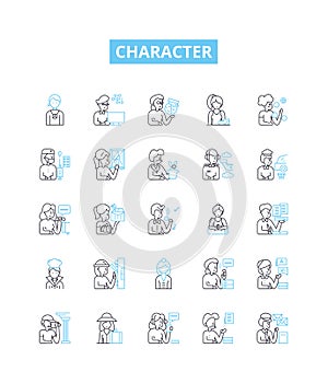 Character vector line icons set. Personality, behaviour, trait, integrity, reputation, disposition, nature illustration