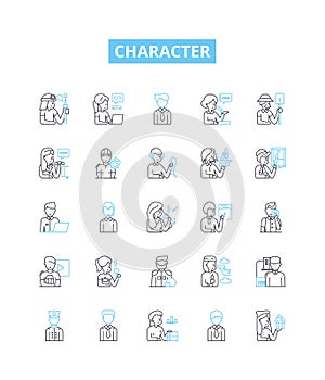 Character vector line icons set. Personality, behaviour, trait, integrity, reputation, disposition, nature illustration