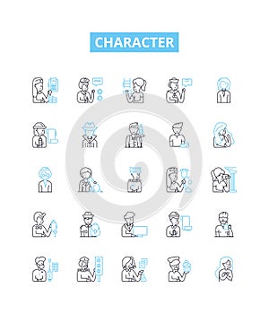 Character vector line icons set. Personality, behaviour, trait, integrity, reputation, disposition, nature illustration