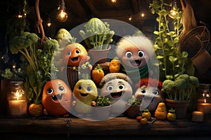 Character vegetable faces. Happy animation vegetable family cartoon in magical rural kitchen. AI generated.