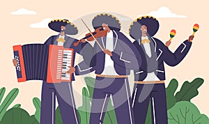 Character. Vibrant Mariachi Musicians Band Perform Traditional Mexican Music, Cartoon People Vector Illustration