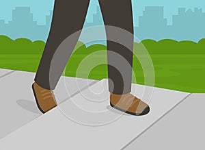 Character walking on sidewalk and about to fall down. Close-up view of foot stumbling over raise sinking concrete sidewalk.