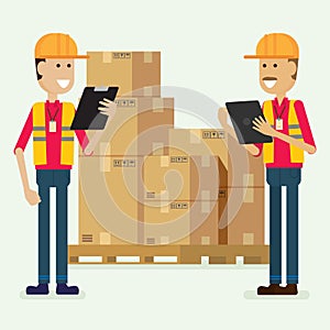 Character warehouse worker checking goods. illustration vector