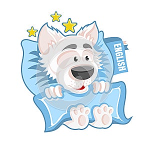 Character white dog in the bed with book under the pillow in cartoon style on white