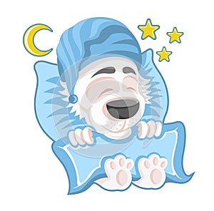 Character white dog in the bed sleeping, clothed in nightcap in cartoon style on white
