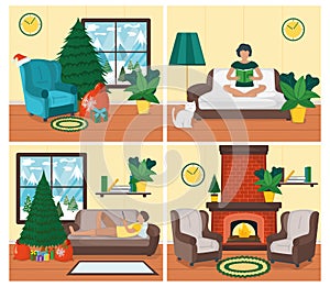 Character woman, man relax country house, xmas and christmas concept design cozy interior place set cartoon vector illustration