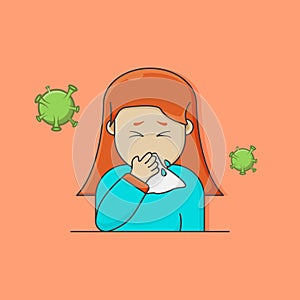 Character women sneezing on a tissue with virus speard