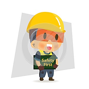 Character Worker Construction holding safety first sign.Safety rules