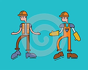 The character of a worker man in overalls, orange uniform. Vector illustration, isolated on white.