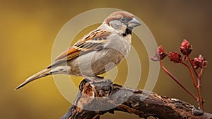 Characterful Animal Portrait: House Sparrow Perched On Brown Stem photo