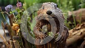 Characterful Beaver Sculpture Among Garden Flowers In Focus Stacking Style