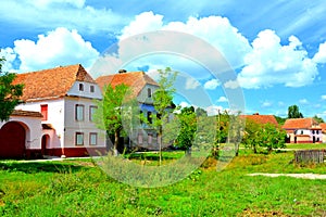 Characteristic houses. Typical rural landscape and peasant houses in the village Beia, Transylvania, Romania.