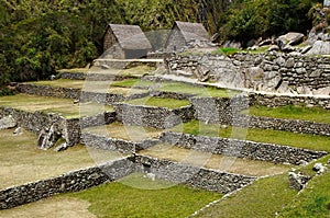 The characteristic terraces that make up the wonderful site of Machu Picchu in the Peruvian Andes, in Peru