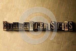 CHARACTERISTICS - close-up of grungy vintage typeset word on metal backdrop