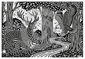 Is characterized by bold lines and high contrast, emphasizing