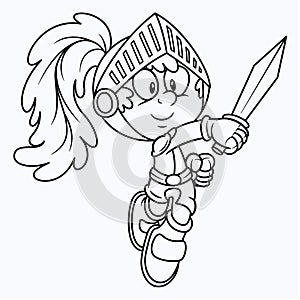 Cartoon vector knight illustration. Cute kid knight with sword and green feather on helmet. Medieval armor costume.