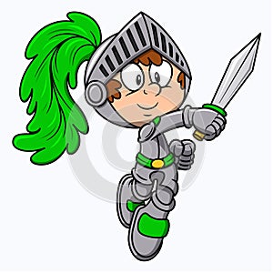 Cartoon vector knight illustration. Cute kid knight with sword and green feather on helmet. Medieval armor costume. Chivalry soldi photo