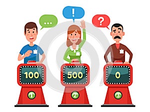 Characters answer test question on intellect show. Pressing button and answering quiz questions. Game competition vector photo