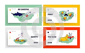 Characters Attacked with Water Animals Landing Page Template Set. Hippopotamus, Crab, Jellyfish and Shark Attack