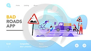 Characters on Bad Road Landing Page Template. City Dwellers Get in Trouble on Broken Highway. Woman Stumble Falling Down