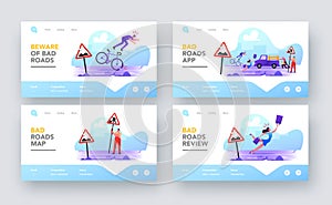 Characters on Bad Road Landing Page Template Set. City Dwellers Get in Troubles on Broken Highway. Woman Stumble