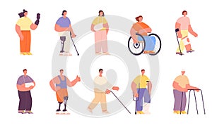 Characters bandaged girl boy. Worker on wheelchair, injurious people group. Inclusion and equal person utter vector set