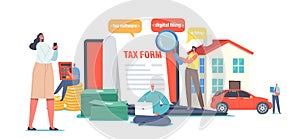 Characters Calculate Online Tax Payment. Tiny People Filling Huge Application for Tax Form. Online Taxation Software