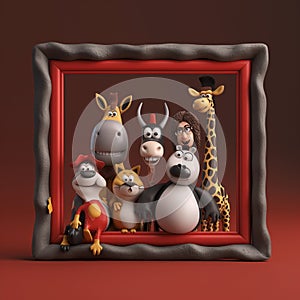 The characters from a cartoon show - 2 are arranged in a picture frame, AI generated