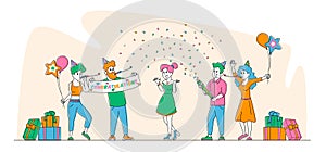 Characters Celebrate Surprise Birthday Party. Cheerful Friends in Festive Hats Playing Pipes with Balloons and Confetti