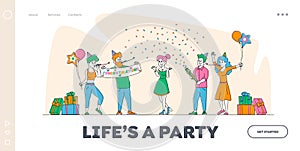 Characters Celebrate Surprise Birthday Party Landing Page Template. Friends in Festive Hats Playing Pipes with Balloons