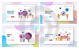 Characters Cleaning Room from Contagious Covid19 Cells Landing Page Template Set. People in Protective Suit