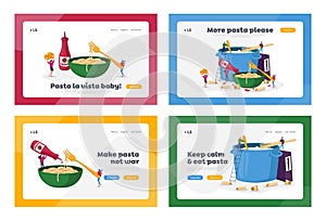 Characters Cooking Pasta Landing Page Template Set. Tiny People Put Spaghetti and Dry Macaroni in Huge Pan