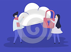 Characters of a couple and a cloud security illustration