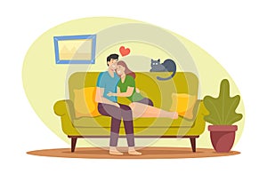 Characters Dating, Love, Spare Time Leisure Concept. Young Loving Couple Hug Sitting on Couch at Home. Man Embrace Woman
