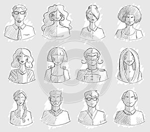 Characters design. Hand drawn icons. Faces sketch. Vector illlustration.