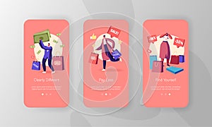 Characters Doing Shopping Mobile App Page Onboard Screen Set. Seasonal Sale, Discount, Shopaholic with Purchases