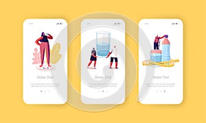 Characters Drink Water on Diet Mobile App Page Onboard Screen Template. Tiny People at Huge Bottle and Glasses with Aqua